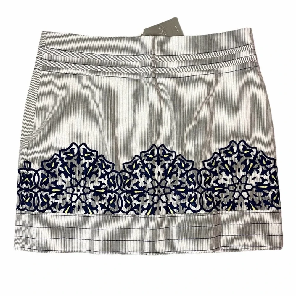 Anthro Floreat Beige/Blue Thorny Thicket Embroidered Linen Blend Skirt Size 14 - Picture 1 of 9